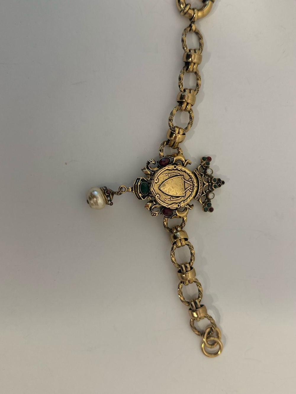 Gold-Tone Crest Bracelet with Red, Green & Pearl Drop - Picture 4 of 12